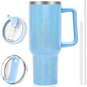 40 oz Tumbler with Handle and Flip Straw Lid, Vacuum Insulated Leak Proof Double Walled Stainless Steel Glitter Travel Mug Tumblers, Maintains Cold Ice and Heat for Hours(Blue)