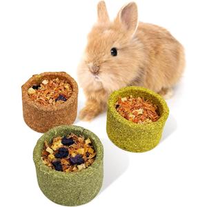 3 Pack Natural Guinea Pig Treat Toys Timothy Hay Chewing Bowl with Food Small Animal Molar Toys Timothy Grass Rabbit Toys for Bunny Chinchilla Hamster Gerbil Rat