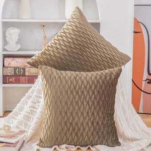 MADIZZ Set of 2 Super Soft Velvet Decorative Throw Pillow Covers 20x20 inch Light Brown Square with Texture Luxury Style Cushion Case Pillow Shell for Sofa Bedroom