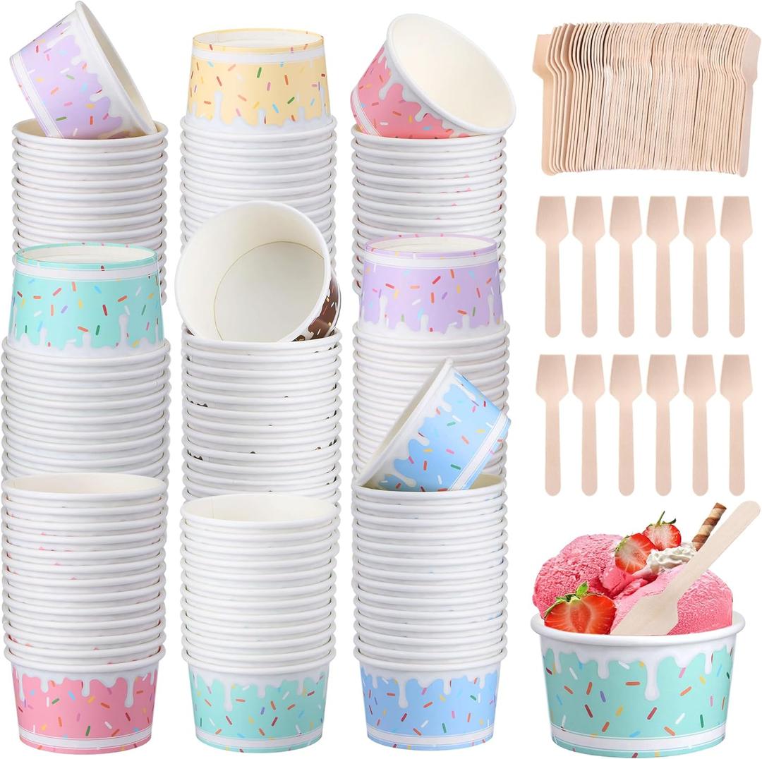 Kochorie 60 Pieces 6 oz Paper Ice Cream Cups with Spoons Paper Dessert Cups Disposable Ice Cream Bowls Treat Snack Container Cup for Sundae Frozen Yogurt Soup Summer Party Supplies