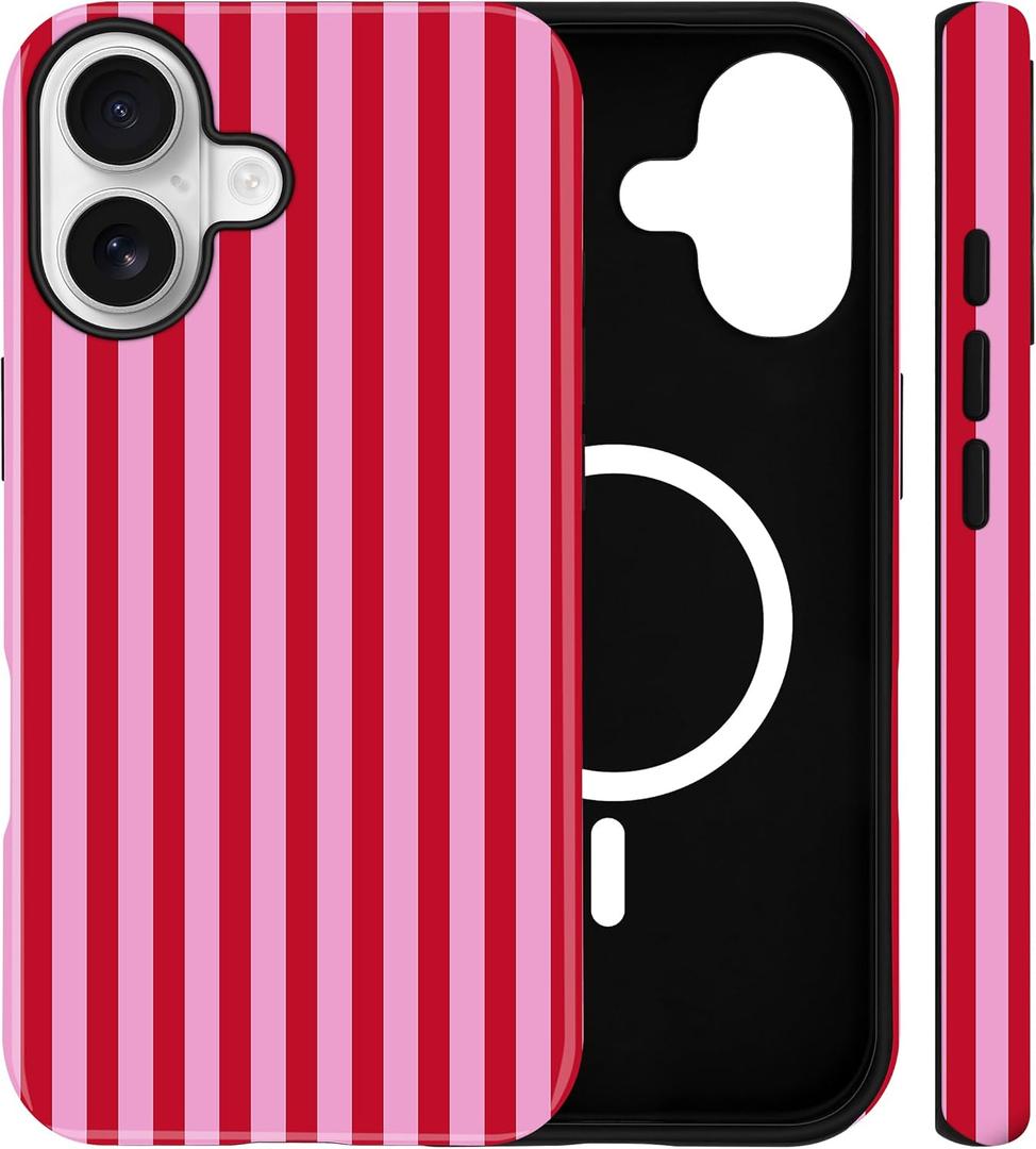Jusy Compatible with MagSafe Striped Phone Case for iPhone 16, Cute Aesthetic Magnetic Soft TPU and Hard PC Protective Phone Cover for Women Girls (Matte) - Red