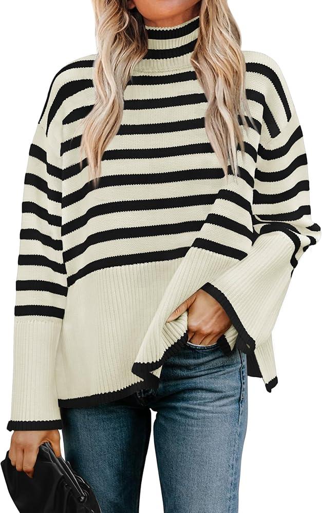 ZESICA Women's Winter Sweaters Casual Turtleneck Long Sleeve Striped Side Slit Loose Pullover Sweater Jumper Tops,Oats,Medium (M)