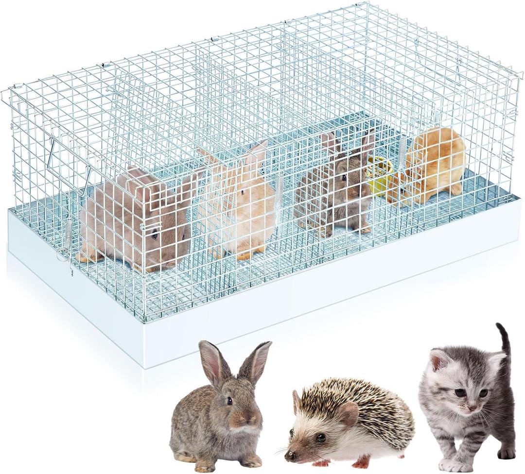 DoubleFill 4 Hole Folding Rabbit Transport Cage, 28 x 16 x 12 in Portable Rabbit Bunny Carrier with Tray and Handles for Travel Temporary Housing, Indoor Outdoor Pet Habitat Animal Enclosure