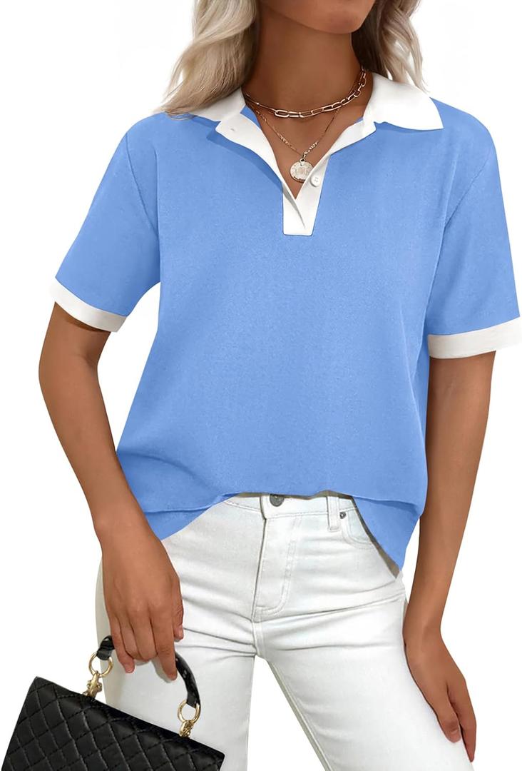 PRETTYGARDEN Summer Short Sleeve Polo Shirts for Women Collared V Neck Work Dressy Tops Knit Loose Business Casual Outfits (Medium, Sky Blue)