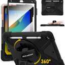 BRAECN for iPad 9th/8th/7th Generation Case,Heavy Duty Shockproof Case with Screen Protector, Pencil Holder, Pencil Cap Holder, Hand Strap, Kickstand,Shoulder Strap for iPad 10.2 Inch 2021/2020/2019 (Black)