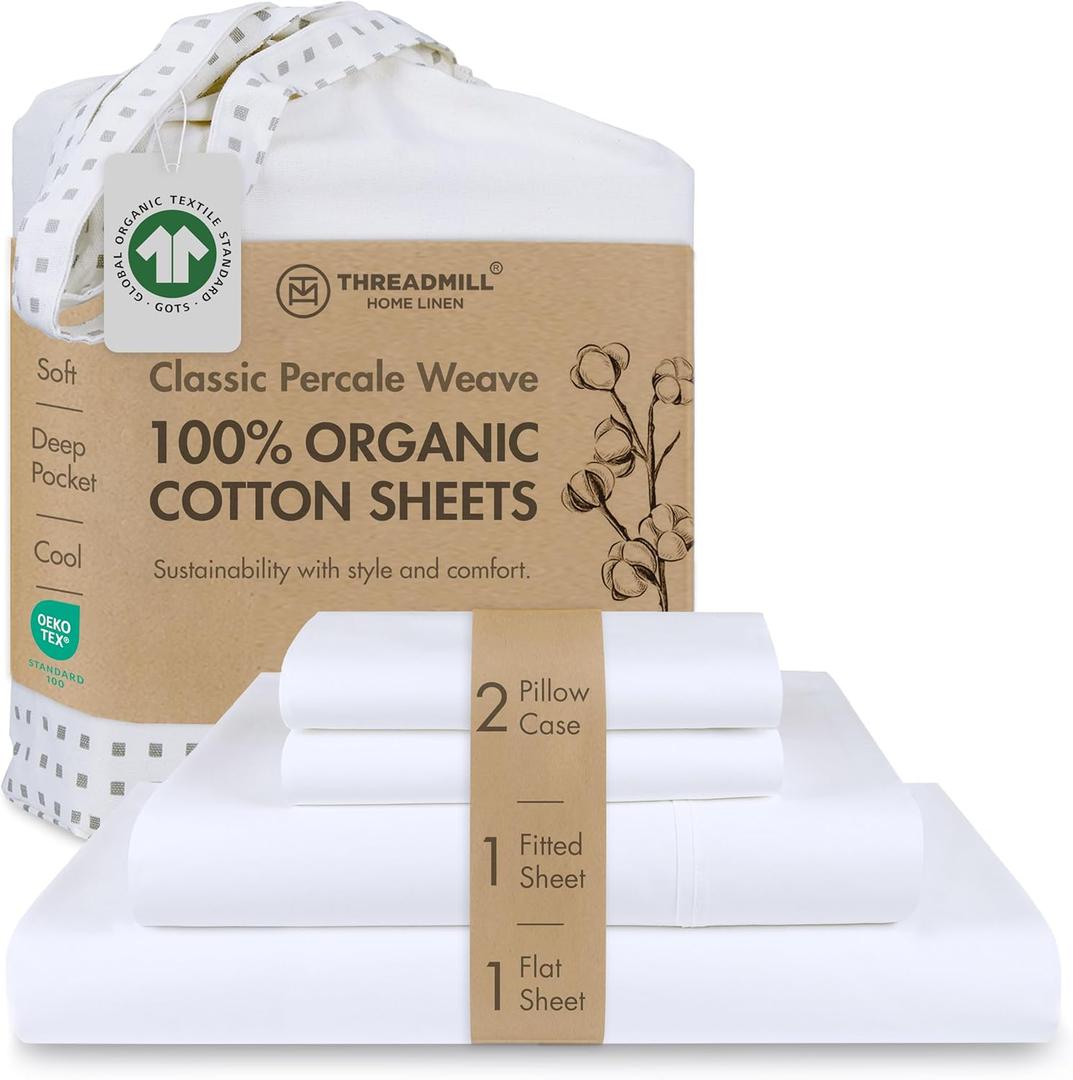 Threadmill 100% Organic Cotton Sheets for Queen Size Bed | GOTS Certified - Percale Sheets Queen - Soft Cooling Sheet - Deep Pockets | 4 Piece Set (Bright White Solid)