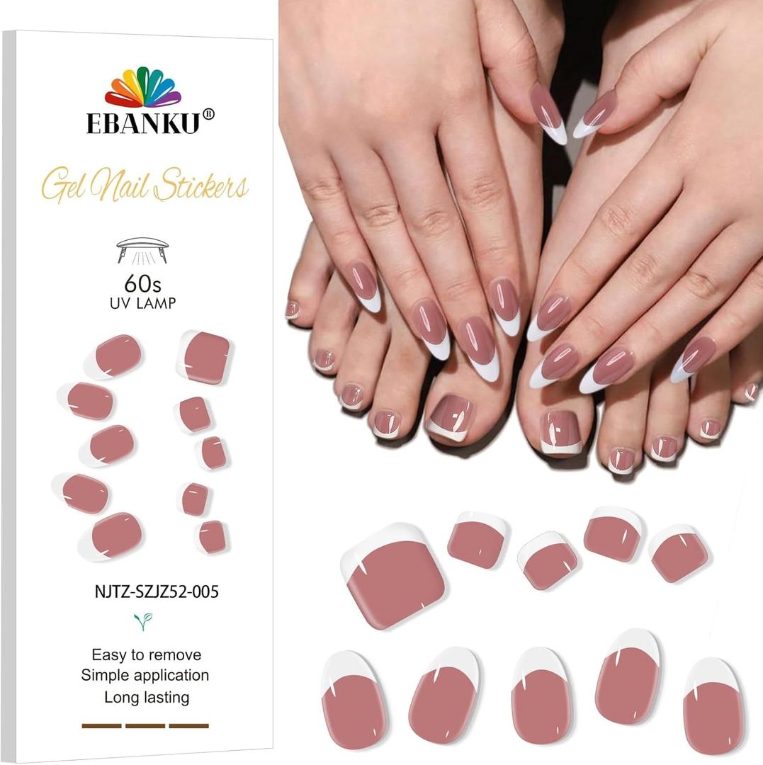 3 x EBANKU Semi Cured Gel Toenail Strips, UV Nail Stickers for Toes, French Sheer Jelly Nude Pink Long-Lasting Manicure Strips With Nail File & Stick, Works With UV Lamps