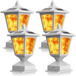 BlueYang Solar Post Flame Light,Outdoor Deck Fence Post Cap LED Light,Waterproof 4x4 5x5 6x6 White Post Top Solar Powered Light with Flickering Flame for Garden Outside, 4 Pack