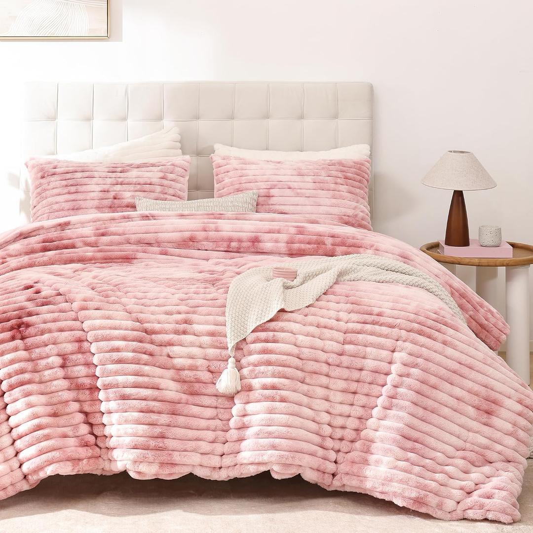 Smoofy Fluffy King Size Comforter Set 3 Pieces - Tie-dye Pink Fleece Fluffy Comforter Set, Luxury Fuzzy King Bedding Set, Soft King Bed Set All Season, Heavy Faux Fur Comforter with 2 Pillow Cases
