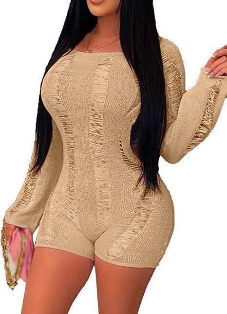 KELYWELL Womens Sexy Off Shoulder Crochet Knitted Romper Hollow Out Bodysuit Long Sleeve Short Jumpsuit One Piece Romper