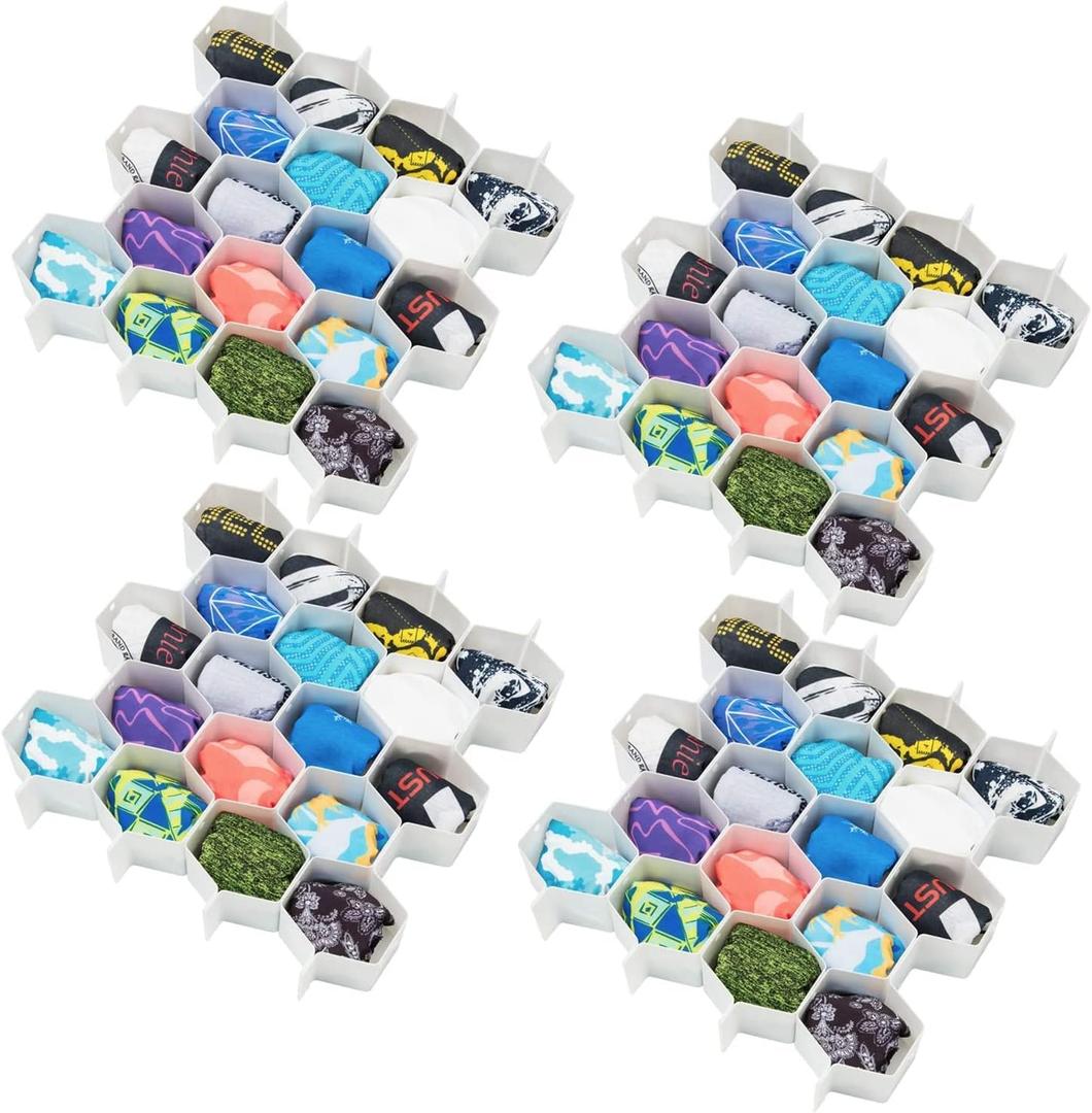 32Pcs Honeycomb Drawer Organizers Adjustable Partition Storage for Underwear Socks Bras Ties Belts Scarves White Total of 72 Slots