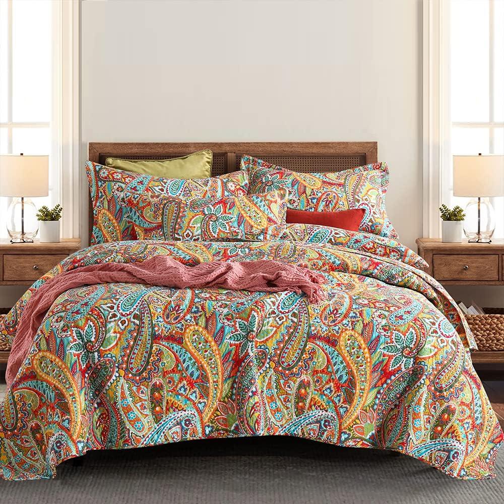 Autumn Dream Cotton Bedspread Quilt Sets, 3 Pieces Reversible Comforter Coverlet Sets, Yellow Gorgeous Paisley Bedspread,King Size (King (96by108 inch))