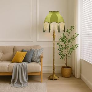 VIHOSE Victorian Scallop Lamp Shade Vintage Large 7.5" Top x 15.8" Bottom x 15 "High Replacement Lamp Shade with Tassels and Fringe Finial Fitting Bell Shape Scallop Fringe(Olive Green)