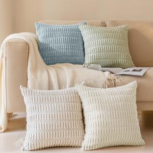 Softalker Throw Pillow Covers 20x20 Inch, Set of 4, Corduroy Soft Striped Farmhouse Boho Pillow Cover, Modern Decorative Cushion Pillow Case for Couch Sofa Bedroom Living Room(Light Blue)