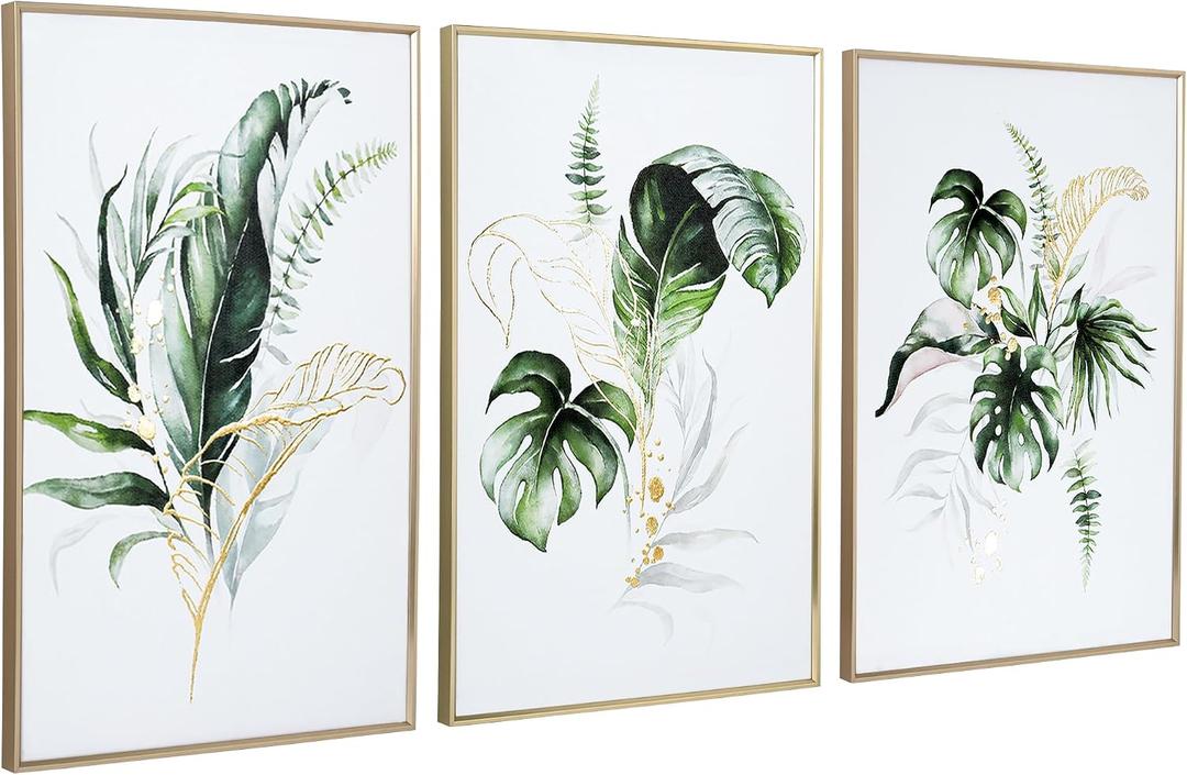 ArtbyHannah Bathroom Framed Wall Art, Botanical Canvas Paintings Wall Decor with Green and Gold Gilded Textured Modern Nature Pictures Plant Prints for Living Room Bedroom (16x24 Inch, Set of 3)