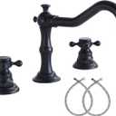GGStudy Black Bathroom Faucet 2 Handles 3 Holes Faucet 8 inch Widespread Bathroom Sink Faucet Tap Mixer Supply Hose Included Matching Metal Pop Up Drain