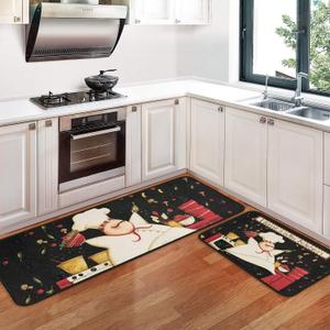 2 PCS Kitchen Rugs and Mats Washable Non Skid, Soft Super Absorbent Fat Chef Kitchen Mat for Doormat Bathroom Runner Set (17"x47"+17"x30",Fat Chef) (One Size, Color-5)