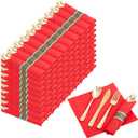 Nervure 400PCS Pre Rolled Gold Plastic Silverware Sets - Heavy Duty Gold Cutlery - Include 100 Pack Wrapped Disposable Utensils with Red Napkins for Christmas & Party & Wedding