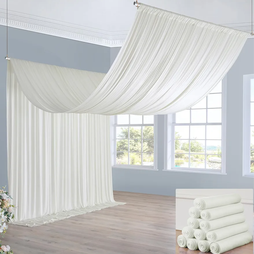 60ft×20ft Ivory Ceiling Drapes for Weddings Parties,12 Panels 5×20ft Long Ceiling Curtain for Tent Canopy,Wrinkle Free Silk Easy to Draping&Hang Ivory Drapes for Event Church Stage Photo Bedroom