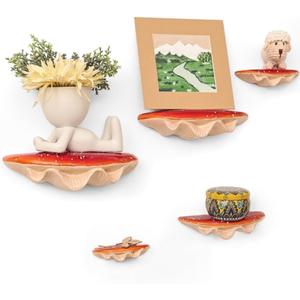 Red Mushroom Shelves Decoration - 5PCS Floating Display Goblincore Shelves, Small Wall Shelf for Bedroom, Cottagecore Aesthetic Furniture, Forest Decor, Reptile, Leopard Gecko Tank Accessories