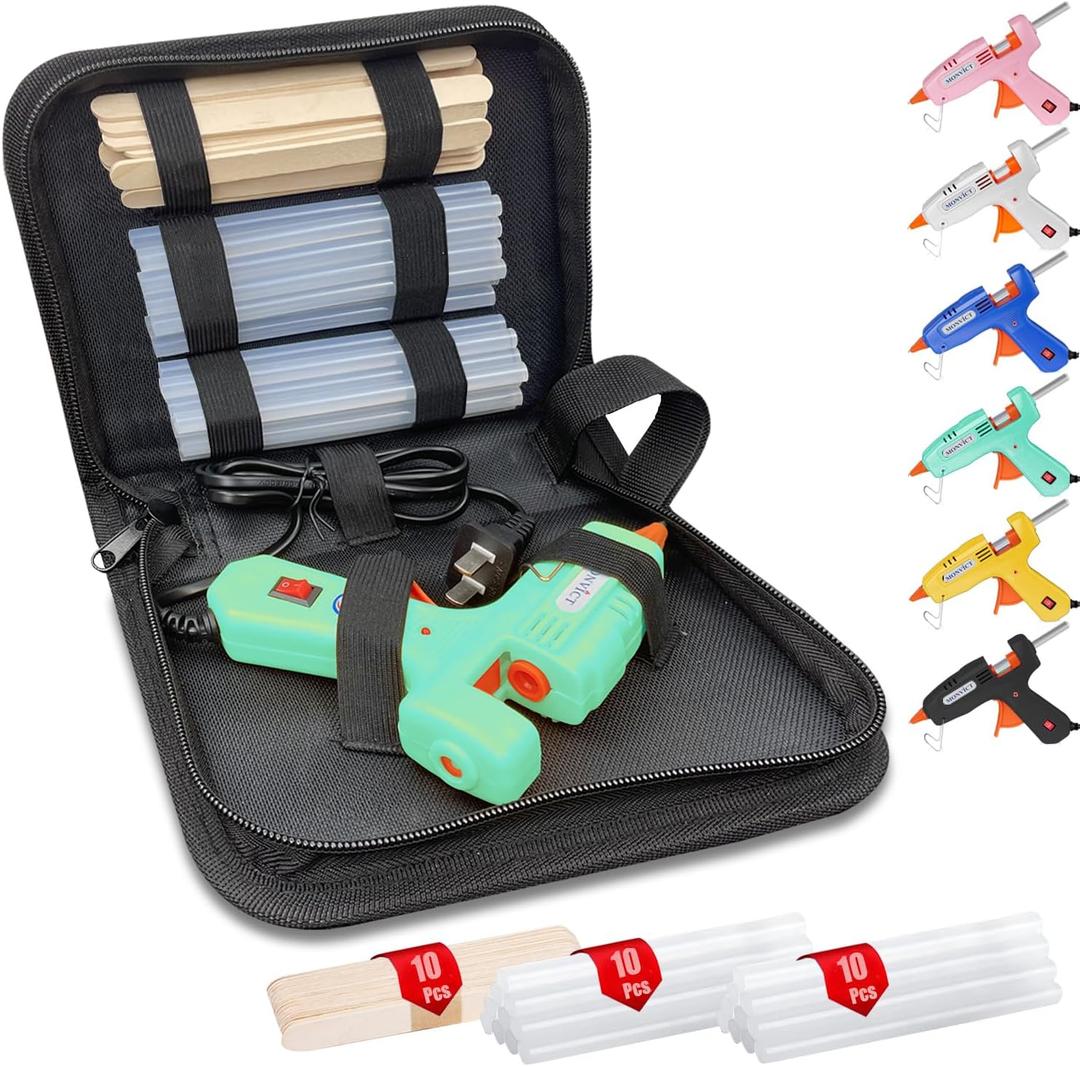 MONVICT Hot Glue Gun Kit, Mini Glue Gun with Carrying Case,20 Pcs Premium Glue Sticks, 10 Pcs Wood Craft sticks, Fast Preheating Hot Melt Glue Gun for School Crafts DIY Arts Gift (Cyan, 30Watts)