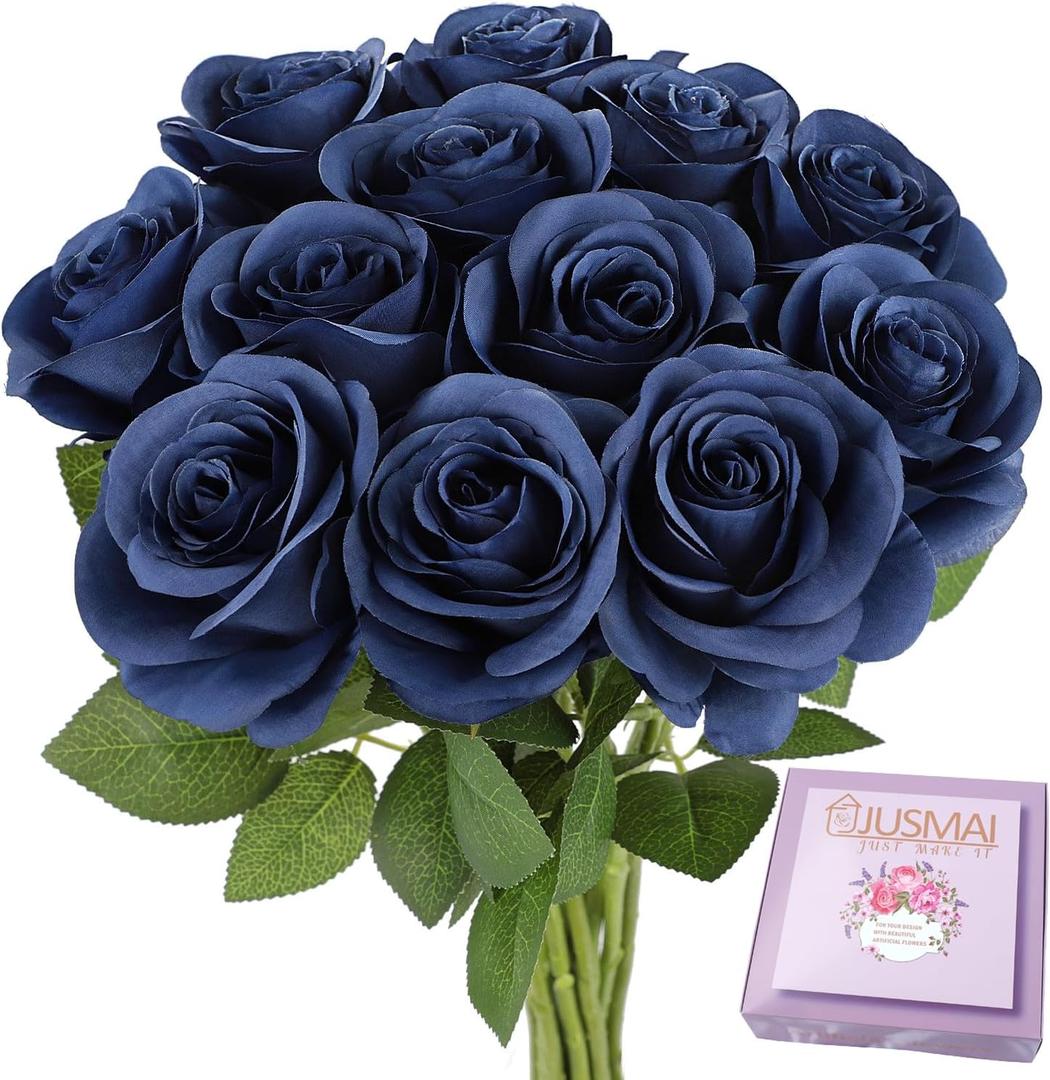 12pcs Roses Artificial Flowers Navy Blue Fake Roses Flowers with Long Stems Silk Flowers for Wedding Bouquet Centerpices Decorations Party Bridal Baby Shower Home Decor (12PCS, Navy Blue)