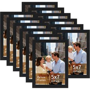 Lyeasw 5x7 Picture Frames Black 12 Pack, Matted Wood Grain Lightweight 5 x 7 Photo Frames for Wall Collage and Desk & Home Decor, with Horizontal or Vertical Placement.