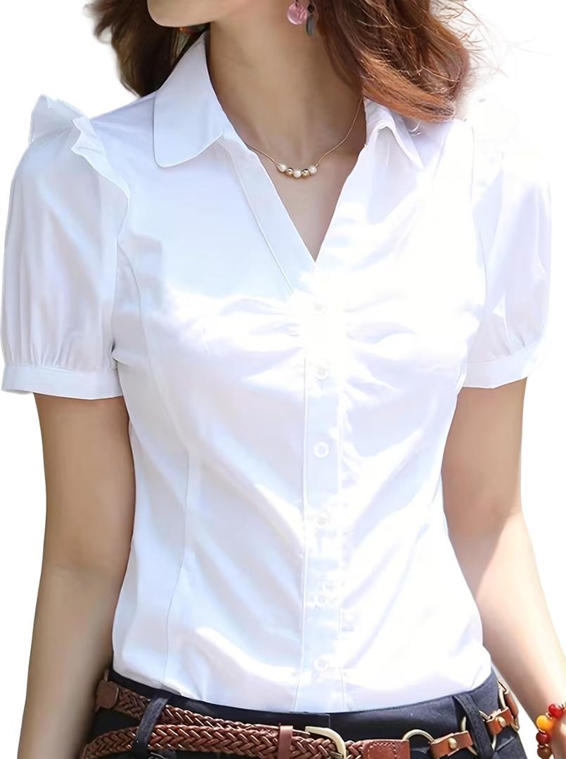 SUNNOW Women's V-Neck Button Down Blouse White Short Sleeve Shirt for Professional & Casual Summer Attire (White, XL)