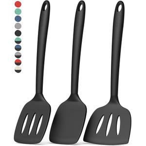 Coukre 3 Pack Silicone Spatula Set, High Heat Resistant, BPA-Free, Fish Spatula, Solid & Slotted Turner for Non-Stick Pans, Flipping Eggs, Pancakes, Fish, Burgers (3, PureBlack)