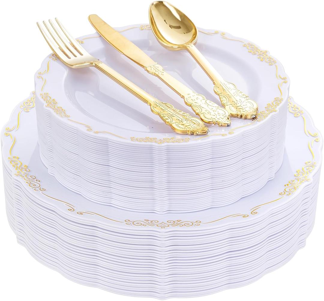 DaYammi 150Pcs White Gold Plastic Plates & Plastic Silverware, Gold Disposable Plates for Party Include 30 Dinner Plate, 30 Dessert Plate, 30 Knives, 30 Forks, 30 Spoons for Wedding