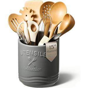 AISBUGUR Large Ceramic Utensil Holder 7.5" H6.3" W with Slanted Mouth - Utensil Crock with Non-Slip Cork Base for Kitchen Counter, Ideal for Decor & Gift,Grey