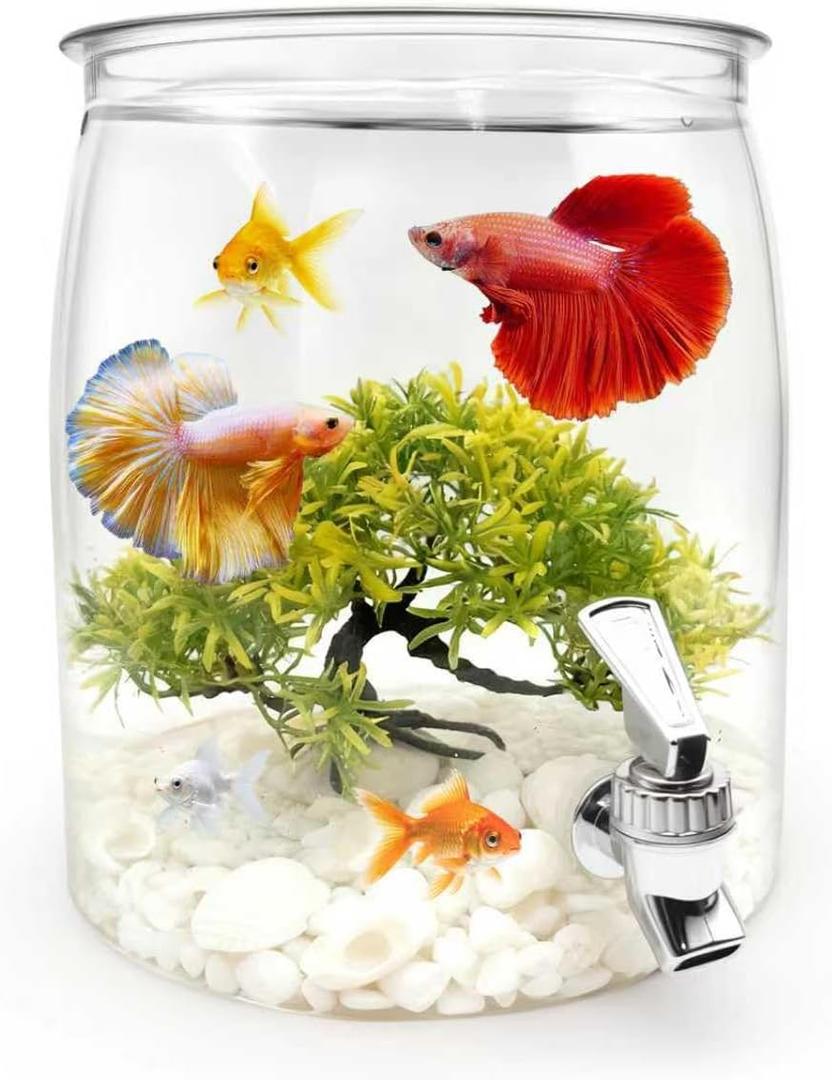 1.6 Gallon Plastic Fish Tank & Water Pitcher for Fridge with Faucet, Fish Bowl Easy to Change Water, Goldfish Beta Fish Aquariums Starter Kit With Aquarium Decor Plastic Plant + Shelles, Water Pitcher