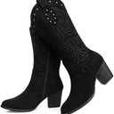 SHIBEVER Cowboy Cowgirl Boots for Women: Wide Calf Western Pointed Toe Chunky Heel Suede Embroidered Mid Calf Boot, Black, 36