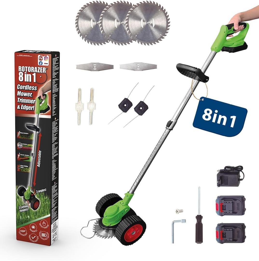 Rotorazer 8-in-1 Garden Tool Set 23-Piece Battery Grass Trimmer, Lawn Edging Cutter, Brush Cutter with 2 Batteries, Adjustable Cutting Depth, 7 Razor-Sharp Blades, Extendable Telescopic Rod