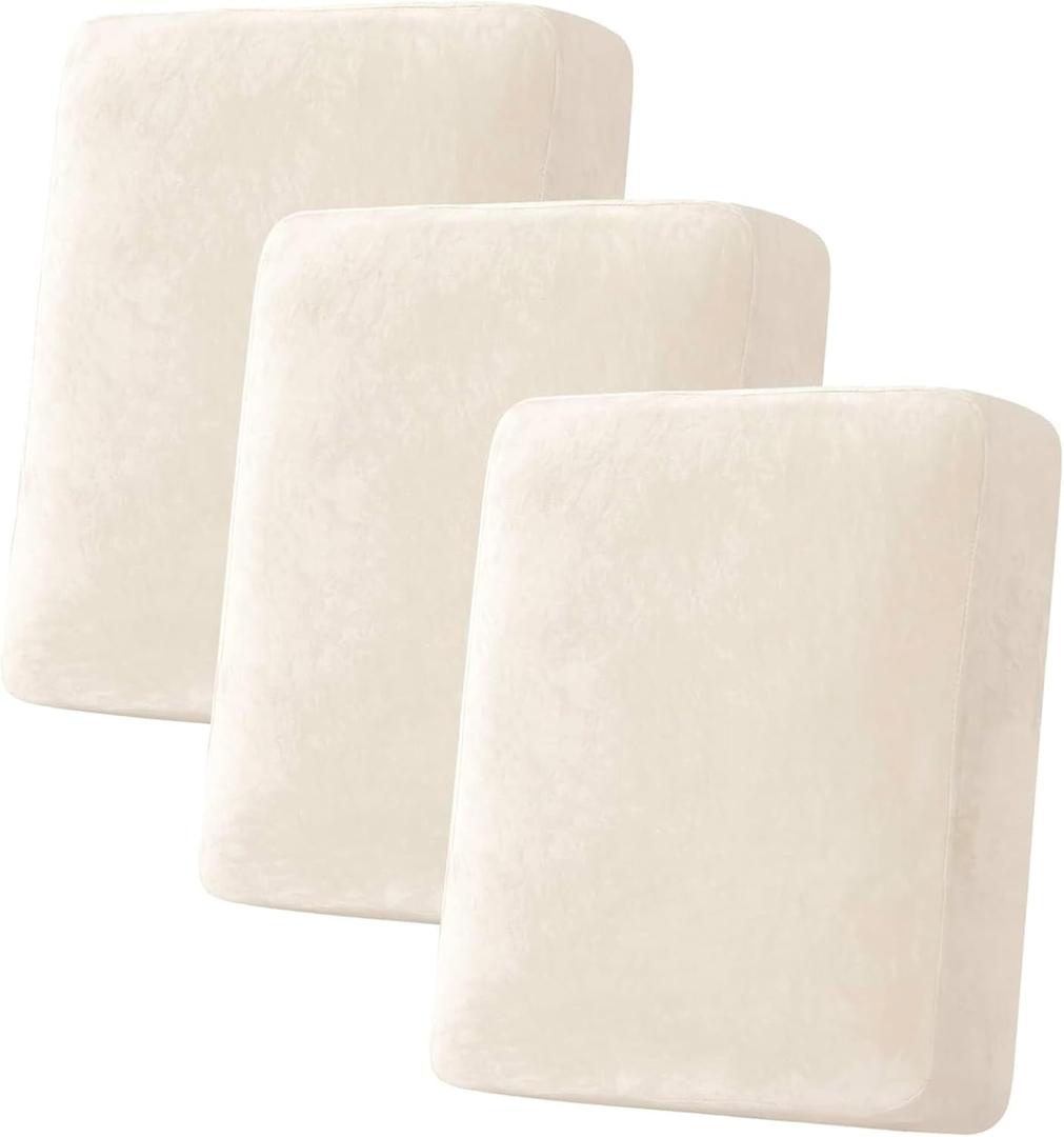 H.VERSAILTEX Velvet Stretch Couch Cushion Cover Plush Cushion Slipcover for Chair Loveseat Sofa Cushion Furniture Protector Seat Cushion Sofa Cover (3 Piece Sofa Cushion Covers, Cream)