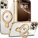 Compatible with iPhone 16 Pro Max Case with Invisible Magnetic Ring Stand [Compatible with Mag-Safe] [Full Camera Lens Protector] Plating Clear Phone Case for iPhone 16 Pro Max 6.9", Gold