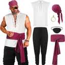 Boyiee 6 Pcs Mens Pirate Costume Medieval Renaissance Viking Shirt Ankle Banded Pants Pirate Accessories for Carnival Outfit (Medium)