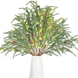 4 Pcs 31 Inch Lighted Faux Cedar Branches Christmas Norfolk Pine Branches Artificial Cedar Picks and Sprays LED Light Greenery Stems for Winter Christmas Vase Decor (Fresh Style)
