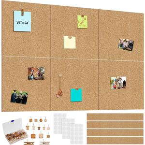Aodaer 6 Pack Cork Boards 36" x 24" Thick Bulletin Board Tiles with 4 Frameless Cork Strips Pin Board Bar Strips with Push Pins Clips for Office School Home Walls