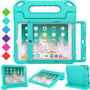SUPLIK Kids Case for iPad 5th/6th Generation (9.7 inch, 2017/2018), iPad Air 1 & Air 2 & Pro 9.7 Case with Screen Protector, Durable Shockproof Protective Cover with Handle Stand, Cyan