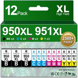 12-Pack 950XL and 951XL Ink Cartridges Compatible for HP 950 951 Ink Cartridge Combo Pack Work for Officejet Pro 8600 8610 8620 8625 8100 Printer (3BK/3C/3M/3Y)