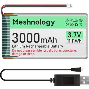 3.7V 3000mAh Li Battery with USB Charger Cable 103665 1S LiPo Battery with Protection Board Insulated Rubber Tape and Micro JST 1.25 Plug for Arduino ESP32 Module Board Drone RC Car (Pack of 1)