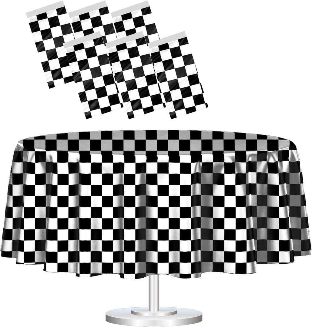 HEIPINIUYE 6 Pack Black and White Checkered Round Tablecloth 84 84 Inch Checkered Flag Table Cover Round Disposable Tablecloth for Tables Birthday Picnic Race Car Party Plastic Table Cloth