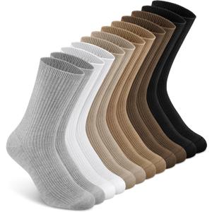 YSense Women's Cotton Crew Socks 6 Pairs, Long Cute Aesthetic Neutral Athletic Boot Socks for Women Stocking Stuffers Gifts (9-11, Black Brown Light Coffee Khaki White Light Grey)
