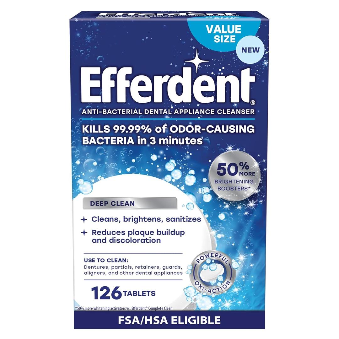 Efferdent Denture Cleaner Tablets  Deep Clean Brightening for Dental Appliances, Aligners, Mouth Guard, and Retainer Cleaner Tablets, Complete Clean, 126 Count