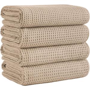 Microfiber Waffle Bath Towels, 4 Pieces, Soft, Absorbent, Fast Drying, Lint Free 430 GSM (Beige)