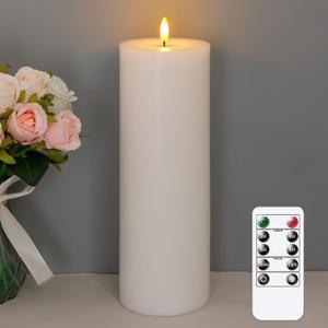 4" x12" Flameless Flickering Remote White Candles with Candle Grease and Timer, LED Battery Operated Fake Real Wax 3D-Wick Pillar Candles, Pack Of 1