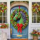 2 x BlissYard Christmas Door Cover 35x71 Inch Festive Horse Head Wreath Pine Cones Berries Holiday Banner Polyester Fabric Door Banner for Unique Home Entryway Equestrian Theme Decor Backdrop