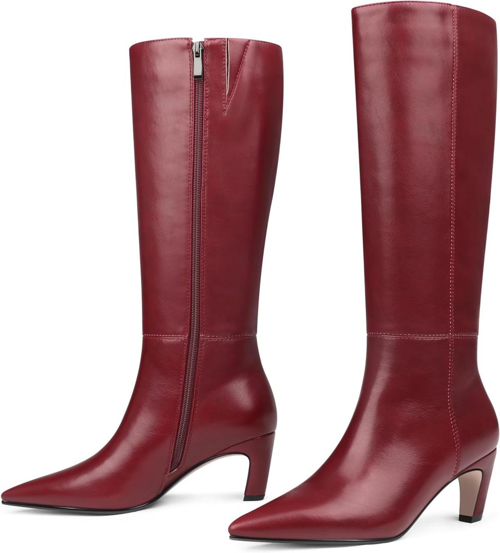 COLETER Women's Knee High Boots Pointed Toe Kitten Low Heel Tall Boots Comfortable Fall Winter Long Boots (9.5, Burgundy)