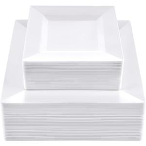 SETUP 100-Piece White Square Plastic Dinnerware Set  50 9.5" Dinner & 50 6.5" Salad Plates  Heavy-Duty Disposable for Weddings, Catering, Parties